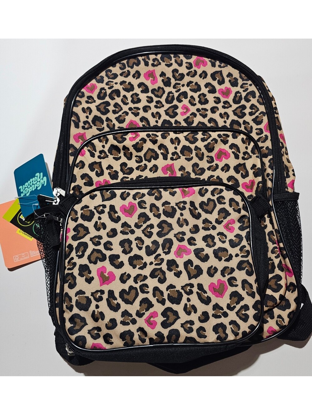 Leopard Print Backpack with Pink Heart Accents, 17 Inch, New with Tags